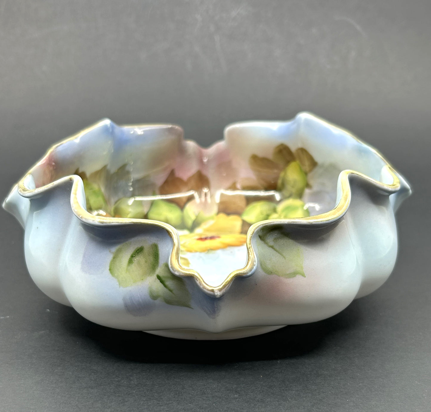 Vintage Nippon Morimura Blue Lusterware with Yellow Roses Candy Bowl