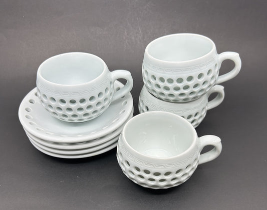 Artisan Contemporary Reticulated Circles Tea cups and Saucer  - Set of 4