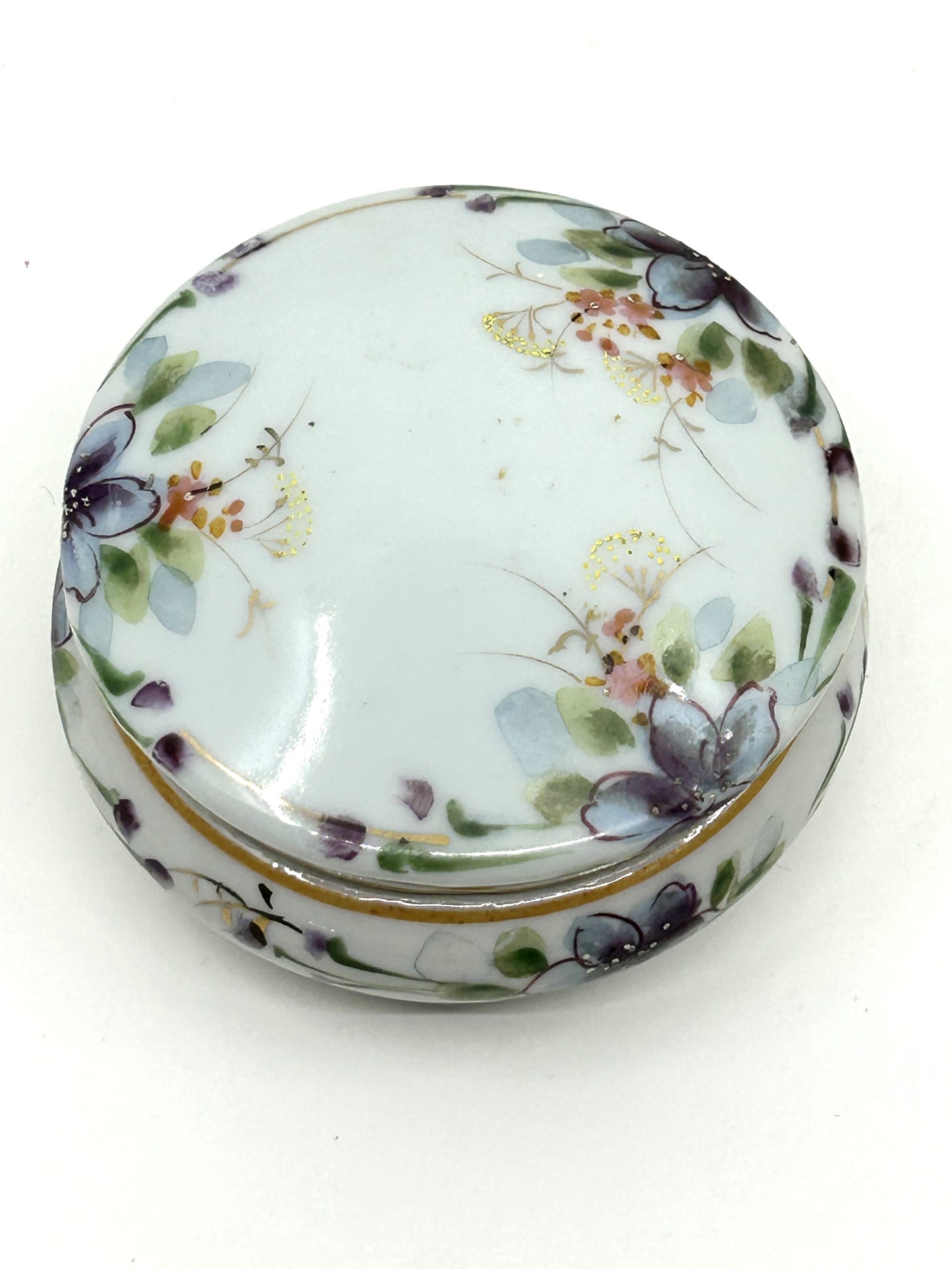 Vintage Floral Ceramic Bisque Round Trinket Dish with Lid