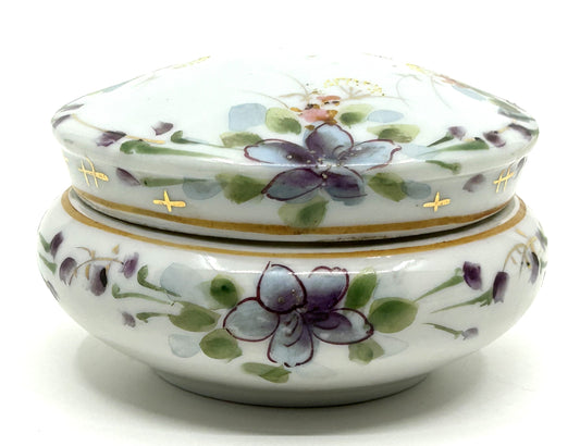 Vintage Floral Ceramic Bisque Round Trinket Dish with Lid