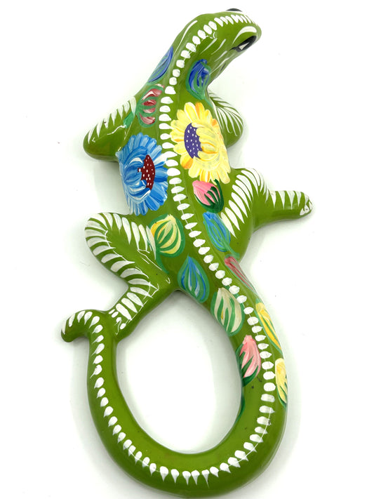Talavera Hand Painted Mexican Folk Art Ceramic Green Lizard / Salamander / Iguana