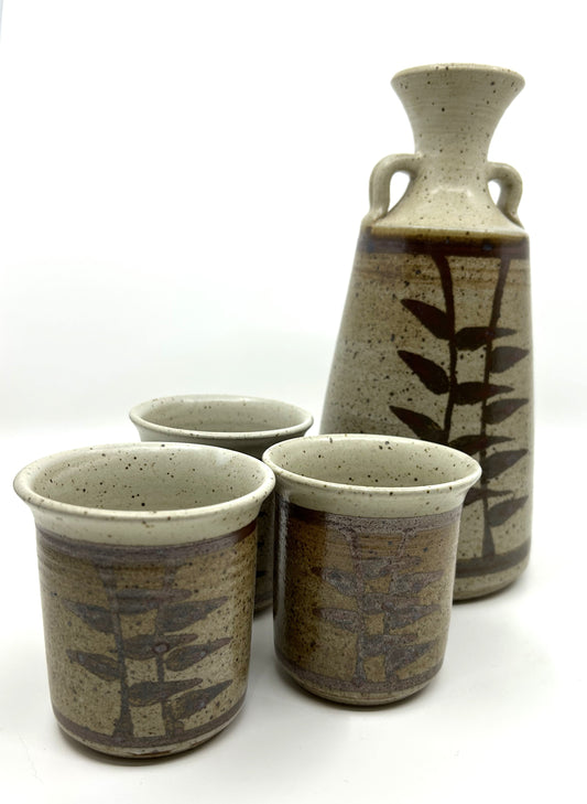 Pottery Stoneware Double Handled Decanter with Matching Cups Set - Artist Signed