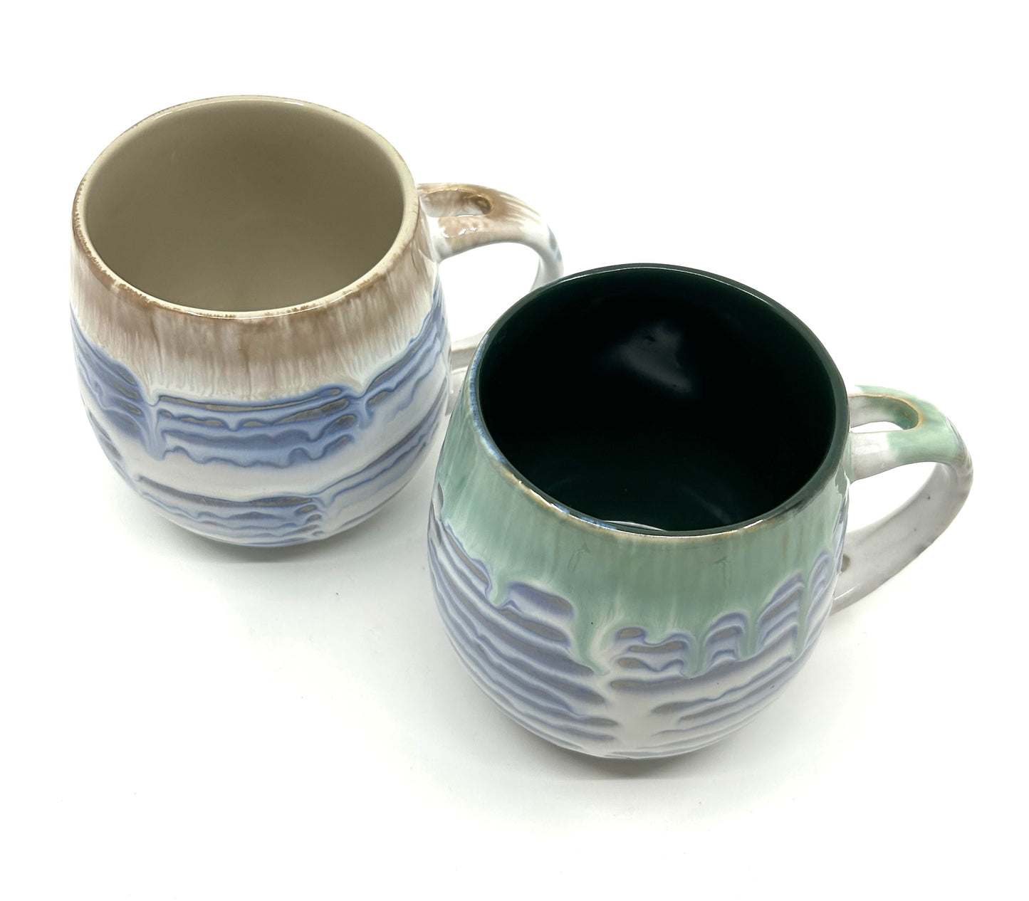 Handmade Artisan Two Tone Double Drip Glazed Rounded Pottery Mugs - Set of 2