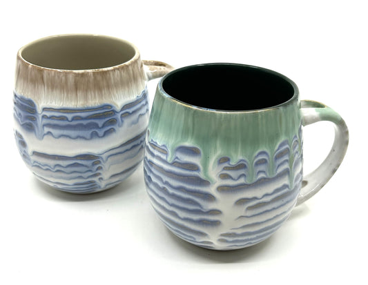 Handmade Artisan Two Tone Double Drip Glazed Rounded Pottery Mugs - Set of 2