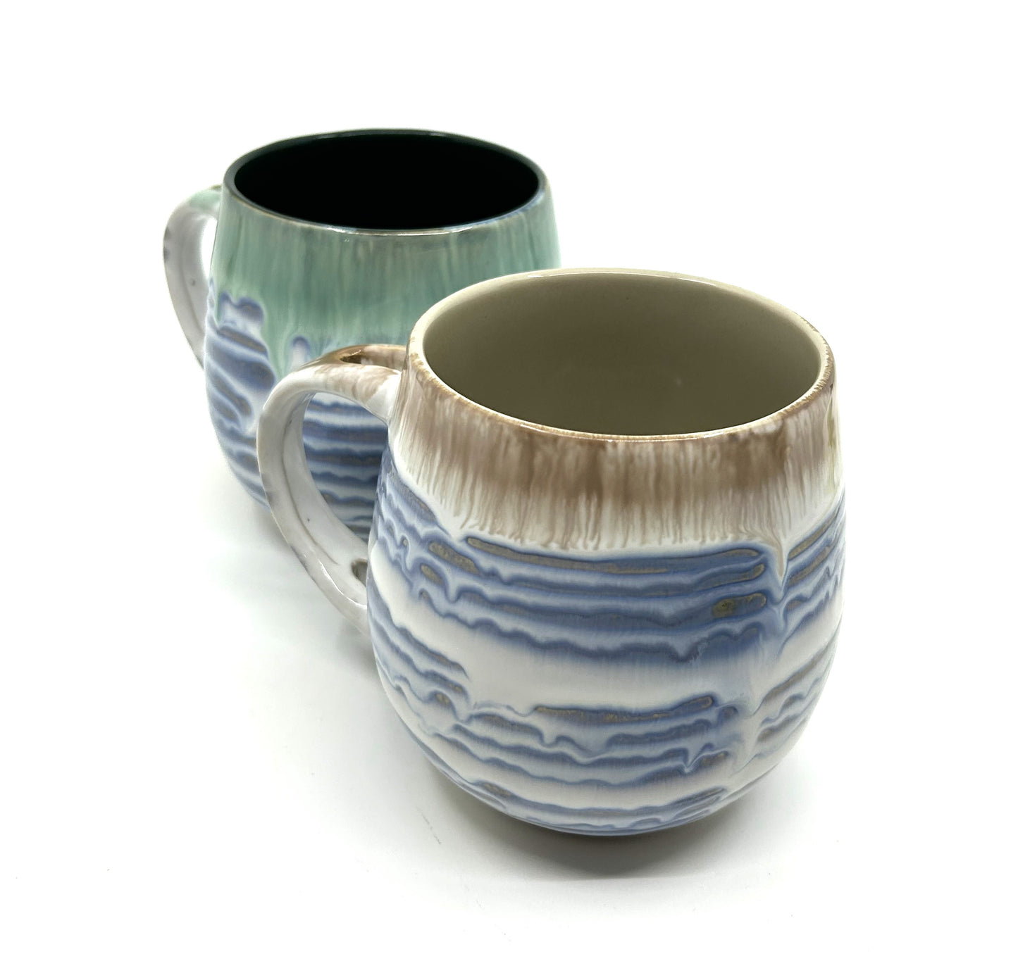 Handmade Artisan Two Tone Double Drip Glazed Rounded Pottery Mugs - Set of 2