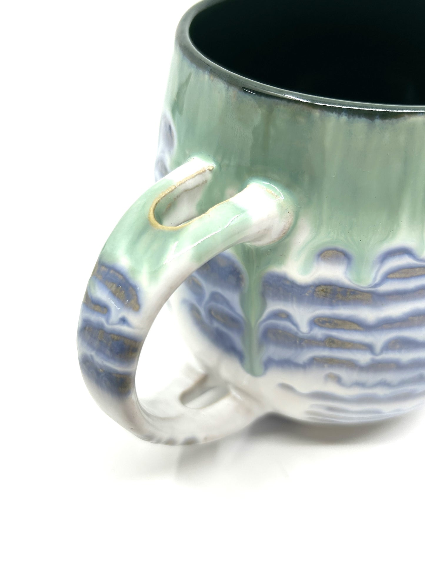 Handmade Artisan Two Tone Double Drip Glazed Rounded Pottery Mugs - Set of 2