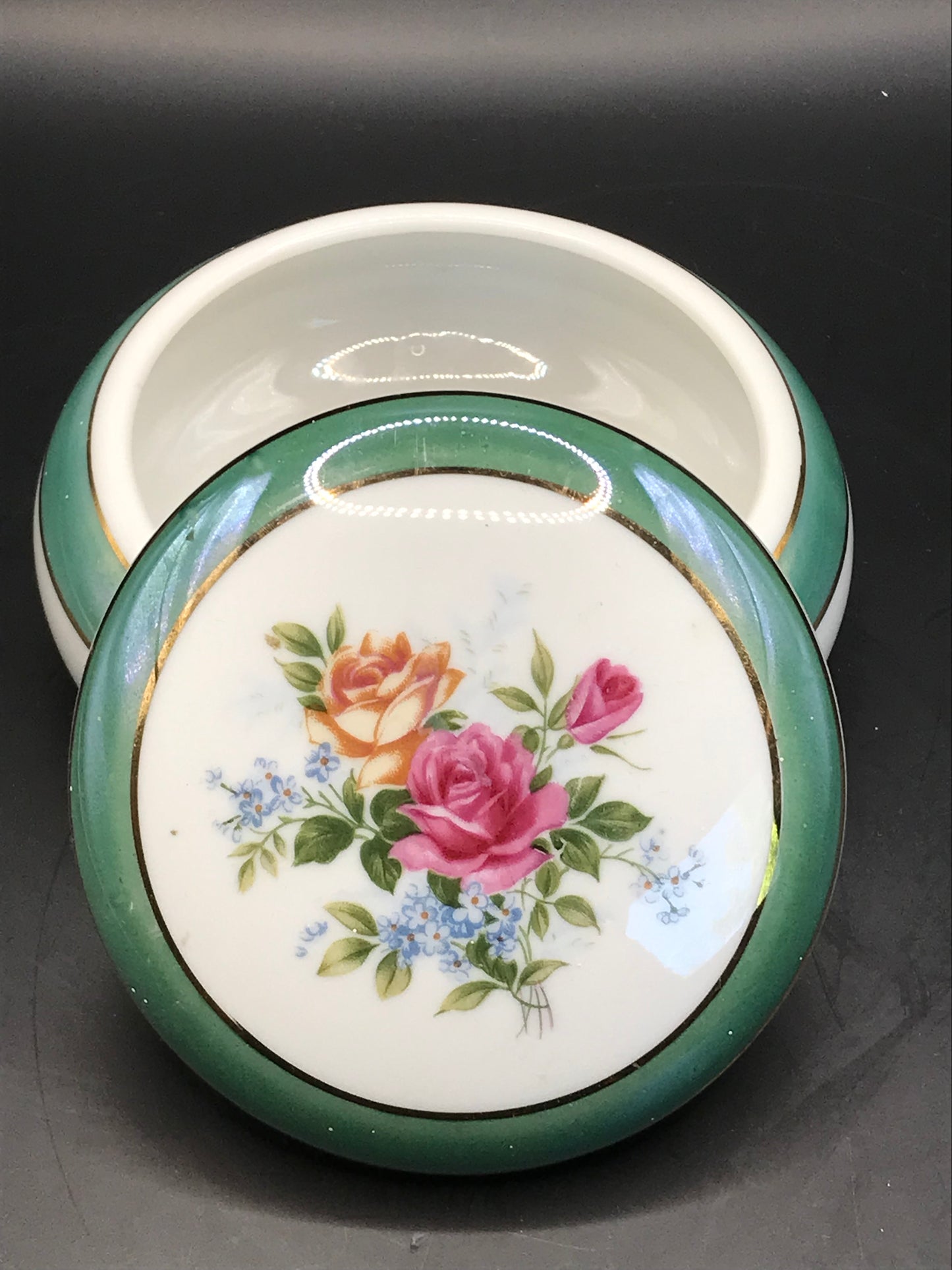 Vintage Lusterware Green Banded Round Floral Lidded Trinket Dish
