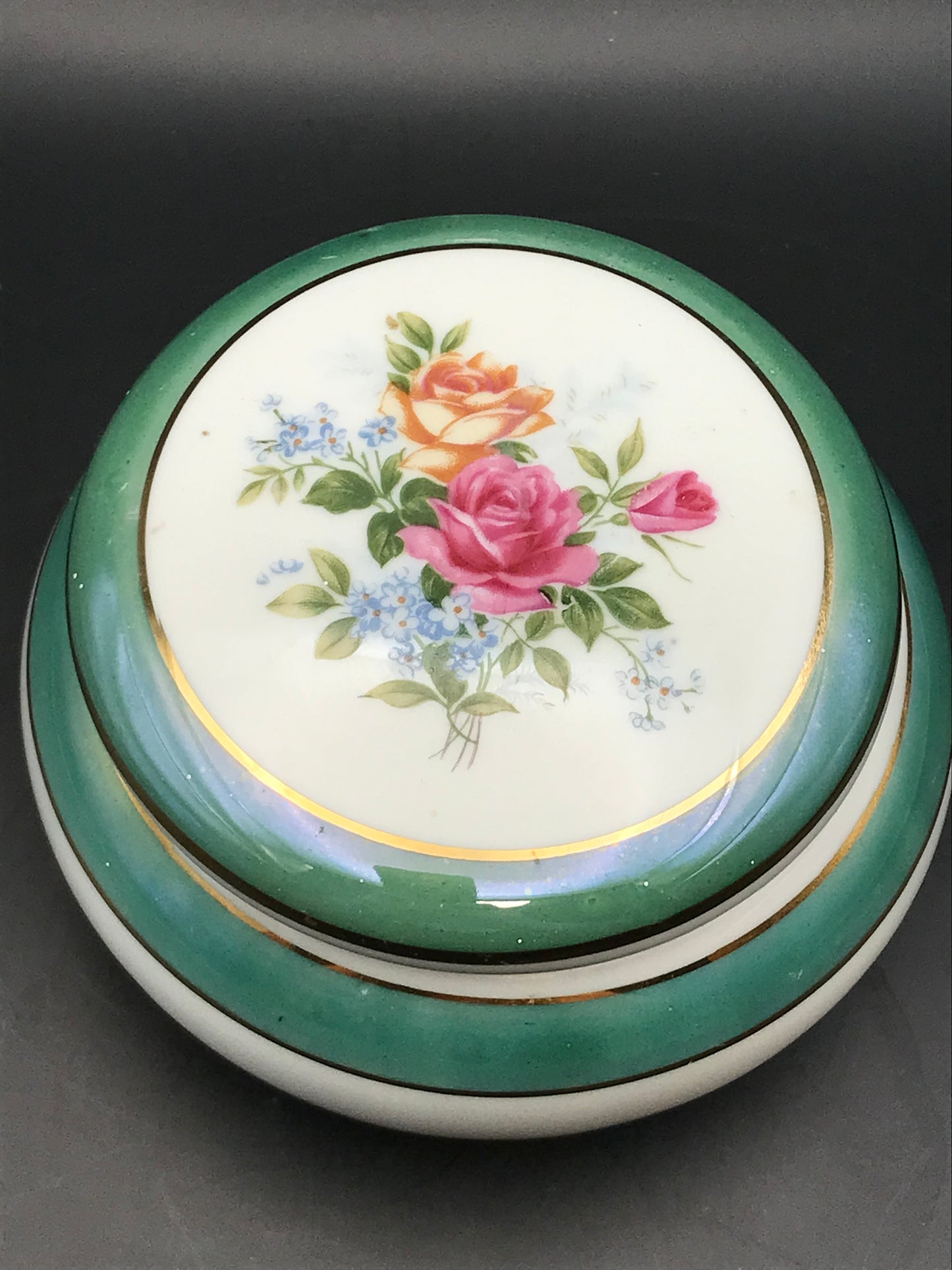 Vintage Lusterware Green Banded Round Floral Lidded Trinket Dish