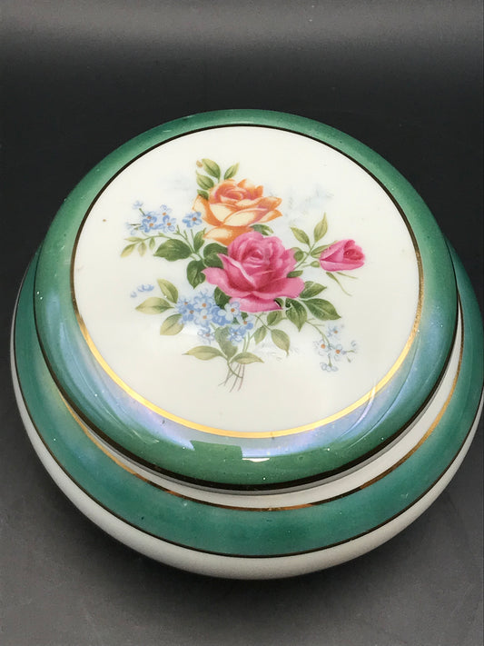 Vintage Lusterware Green Banded Round Floral Lidded Trinket Dish
