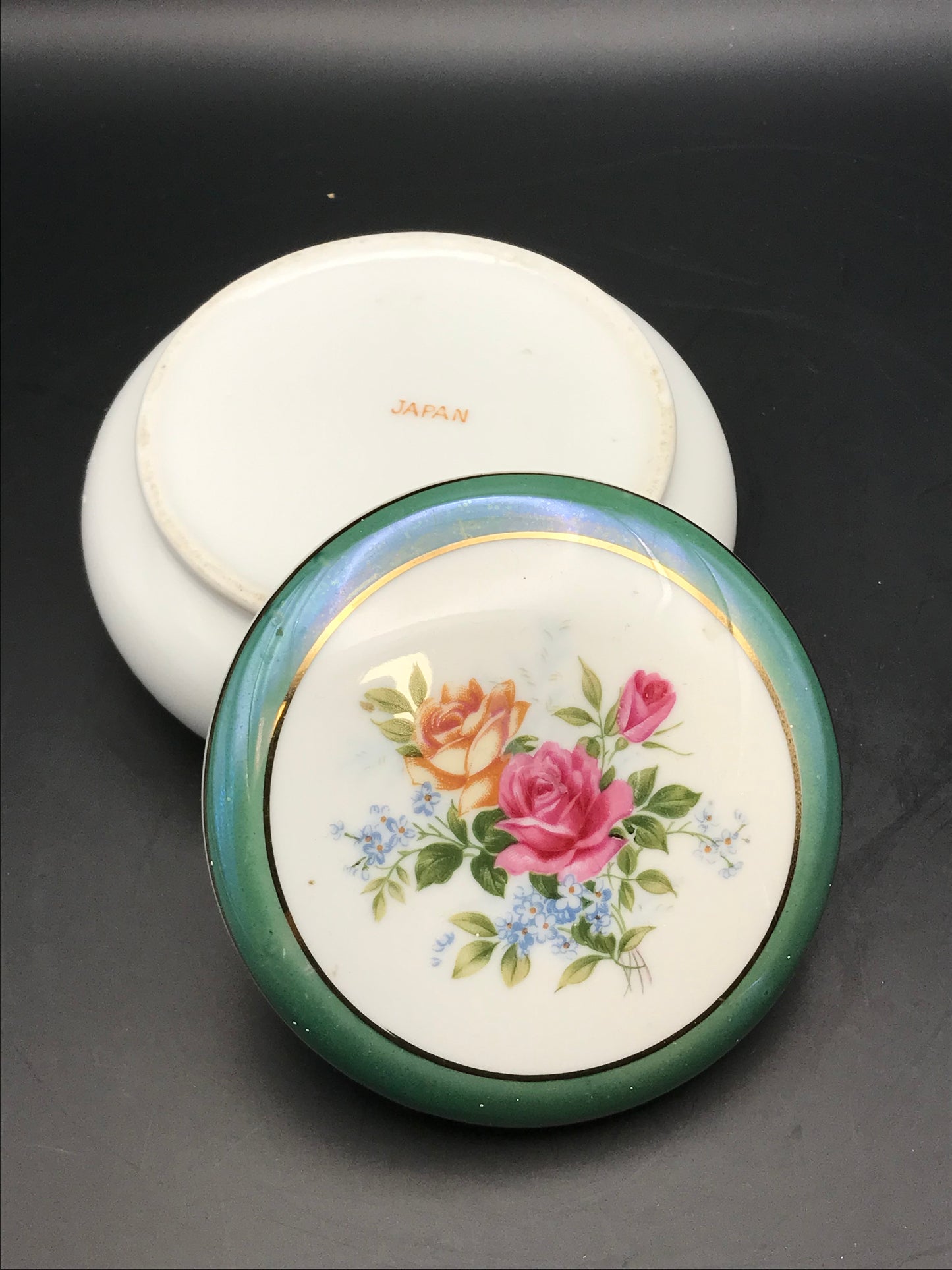 Vintage Lusterware Green Banded Round Floral Lidded Trinket Dish