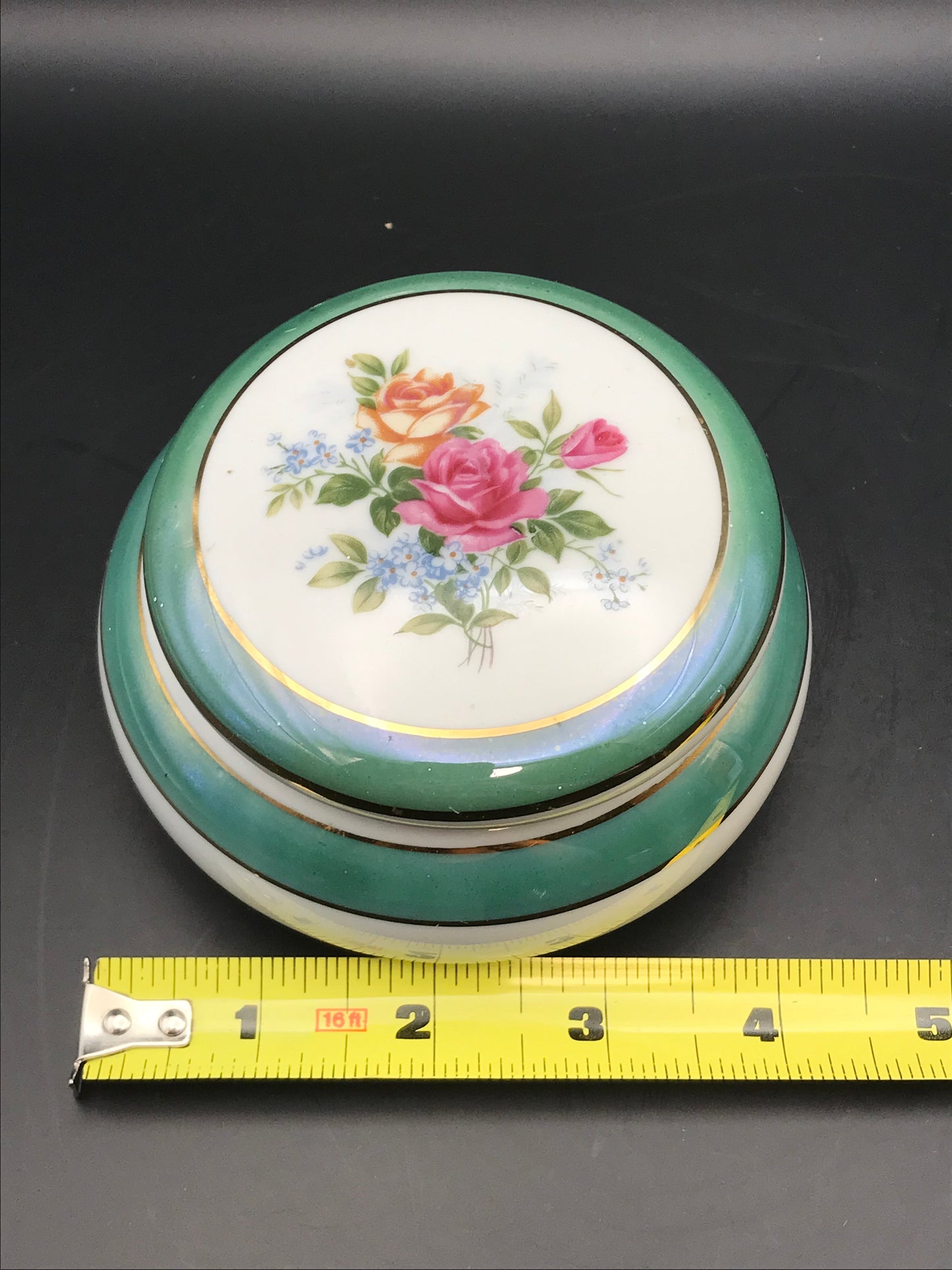 Vintage Lusterware Green Banded Round Floral Lidded Trinket Dish