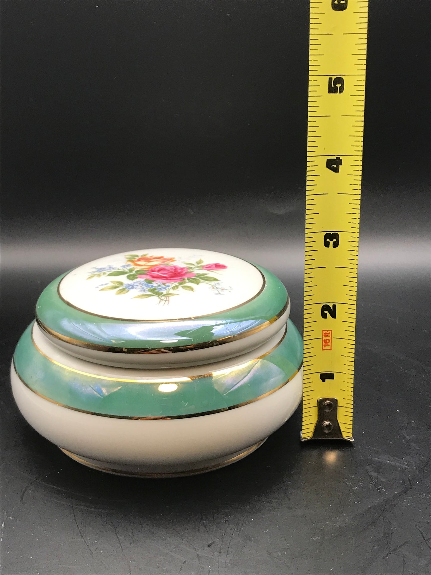 Vintage Lusterware Green Banded Round Floral Lidded Trinket Dish