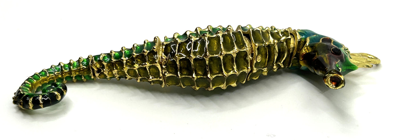 Articulated Cloisonne Enamel Gold Tone Seahorse Ornament