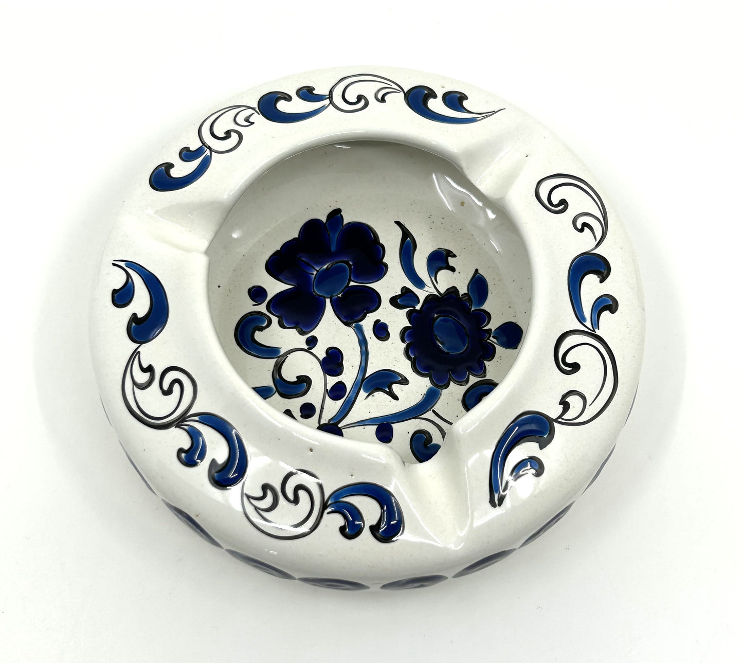 Dakas Greek Ceramic Ashtray - Blue & White Floral Design