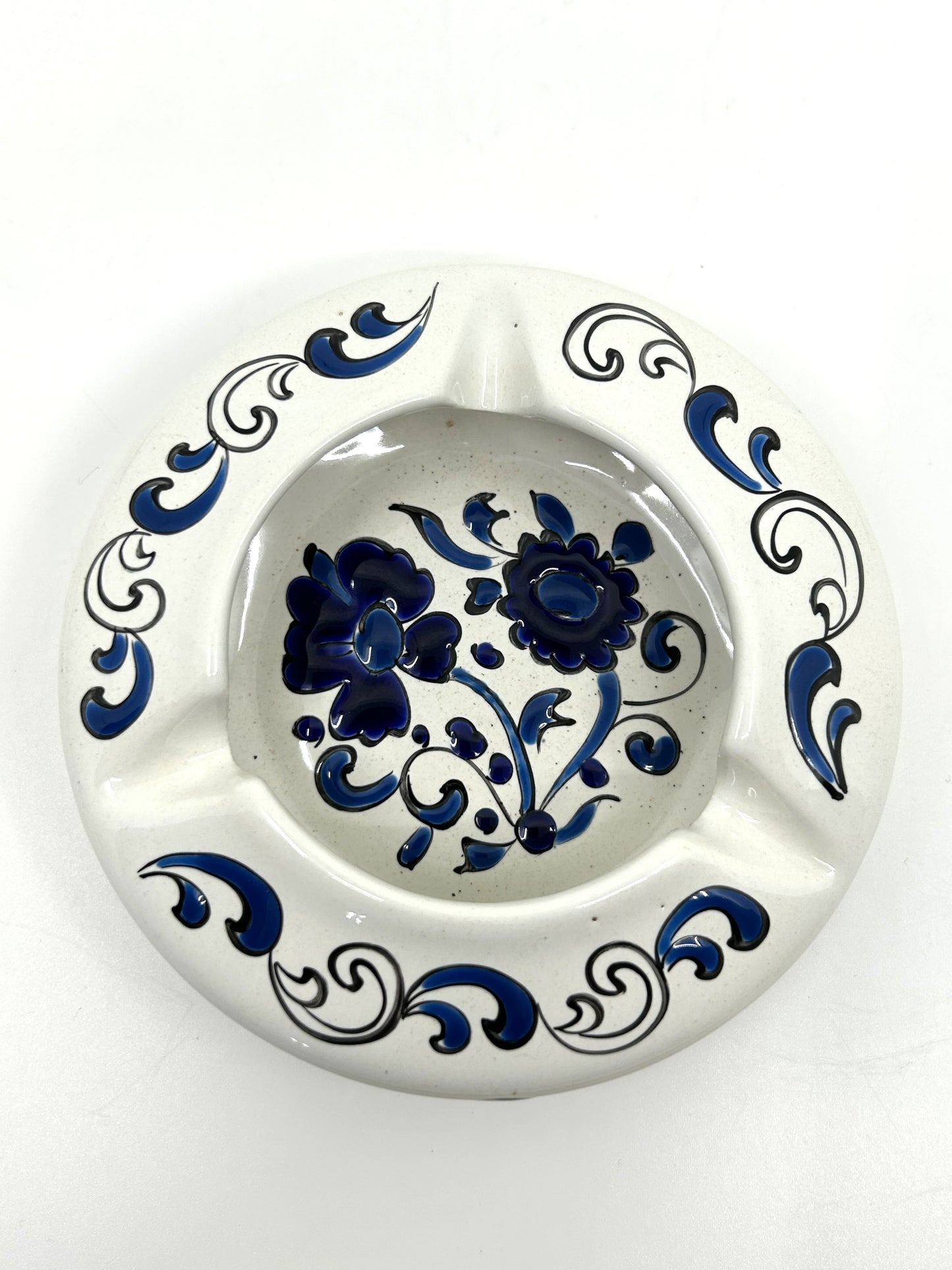Dakas Greek Ceramic Ashtray - Blue & White Floral Design
