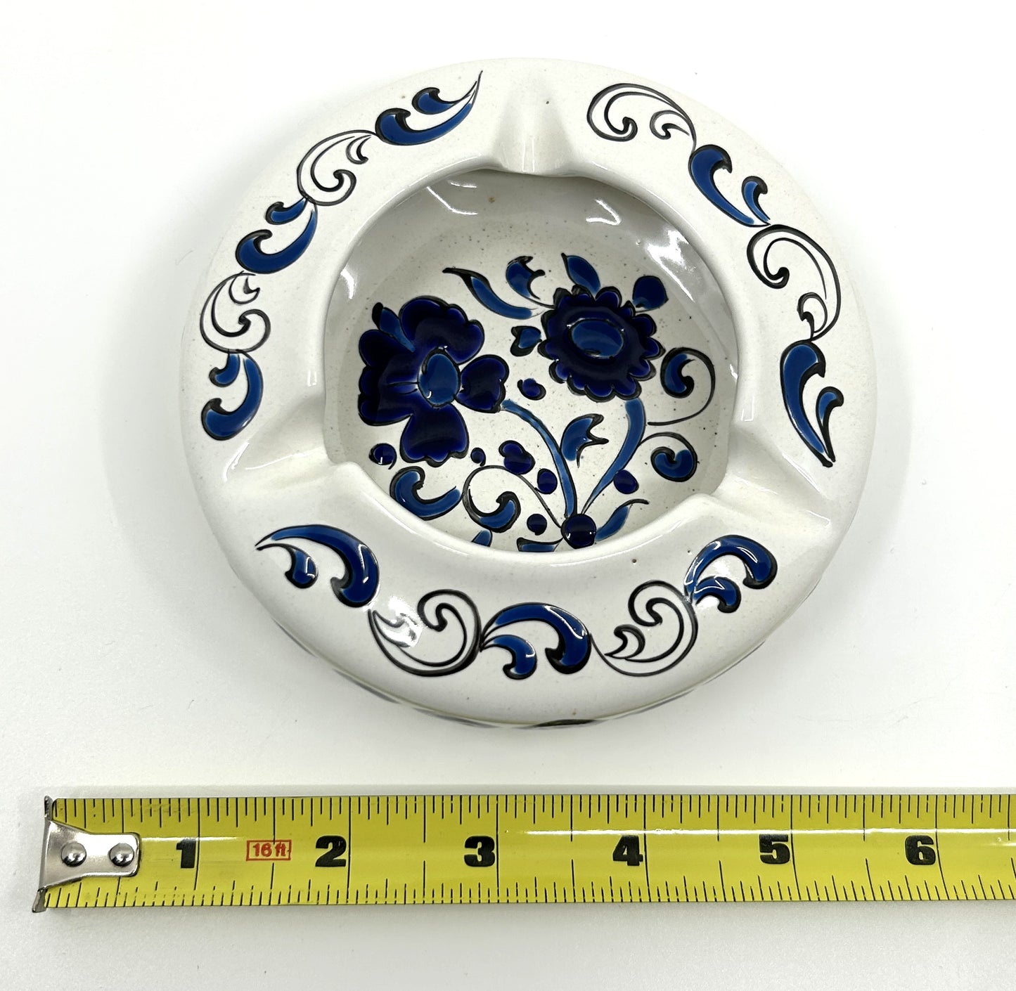 Dakas Greek Ceramic Ashtray - Blue & White Floral Design