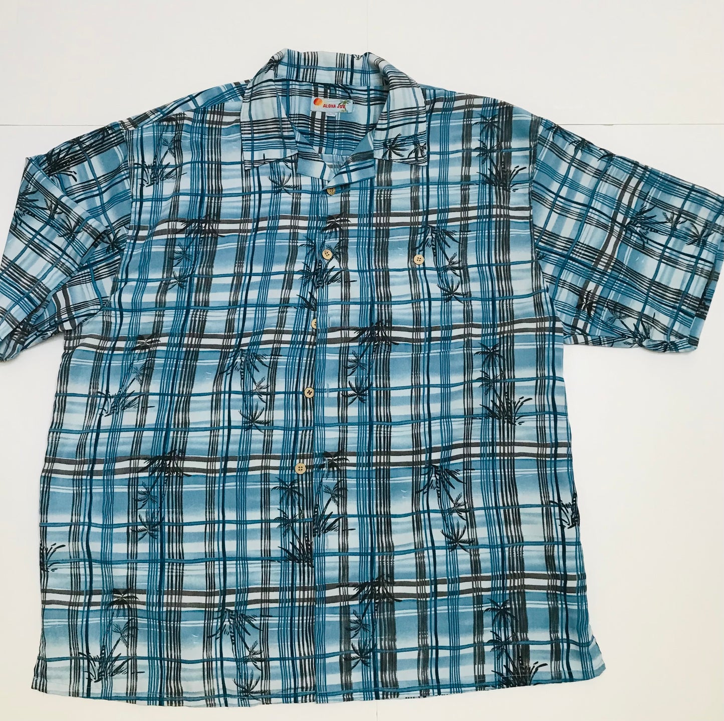 ALOHA JOE - Blue/Black Striped Plaid S/S Tropical Shirt with Palm trees - XL Men's