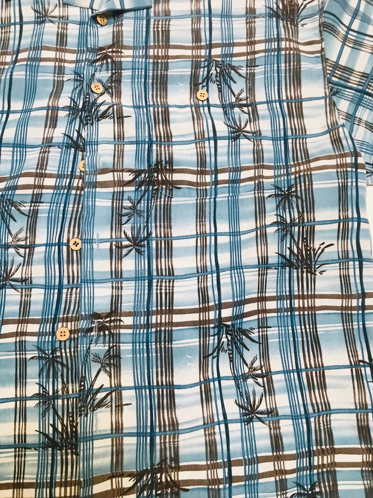 ALOHA JOE - Blue/Black Striped Plaid S/S Tropical Shirt with Palm trees - XL Men's