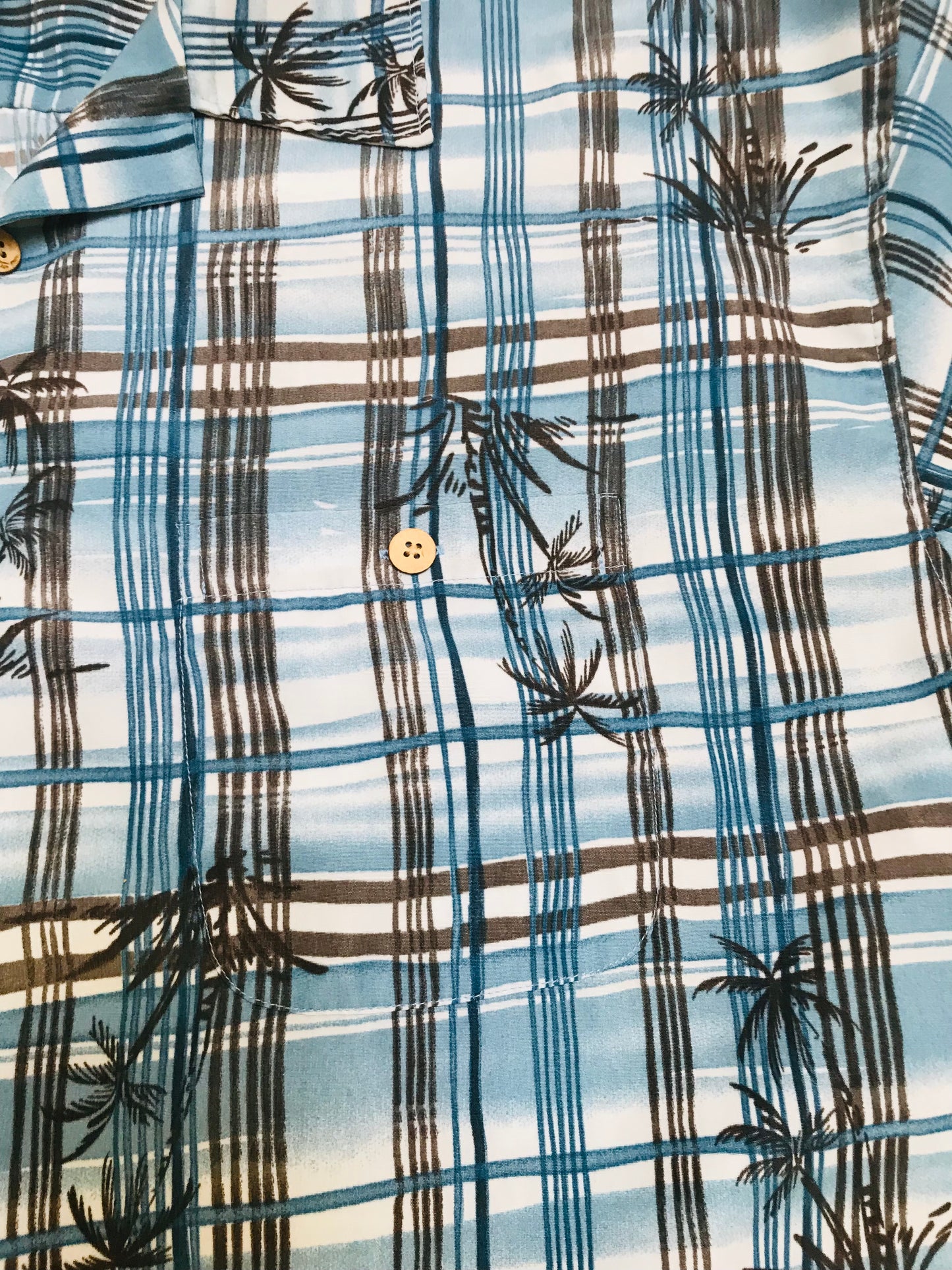 ALOHA JOE - Blue/Black Striped Plaid S/S Tropical Shirt with Palm trees - XL Men's