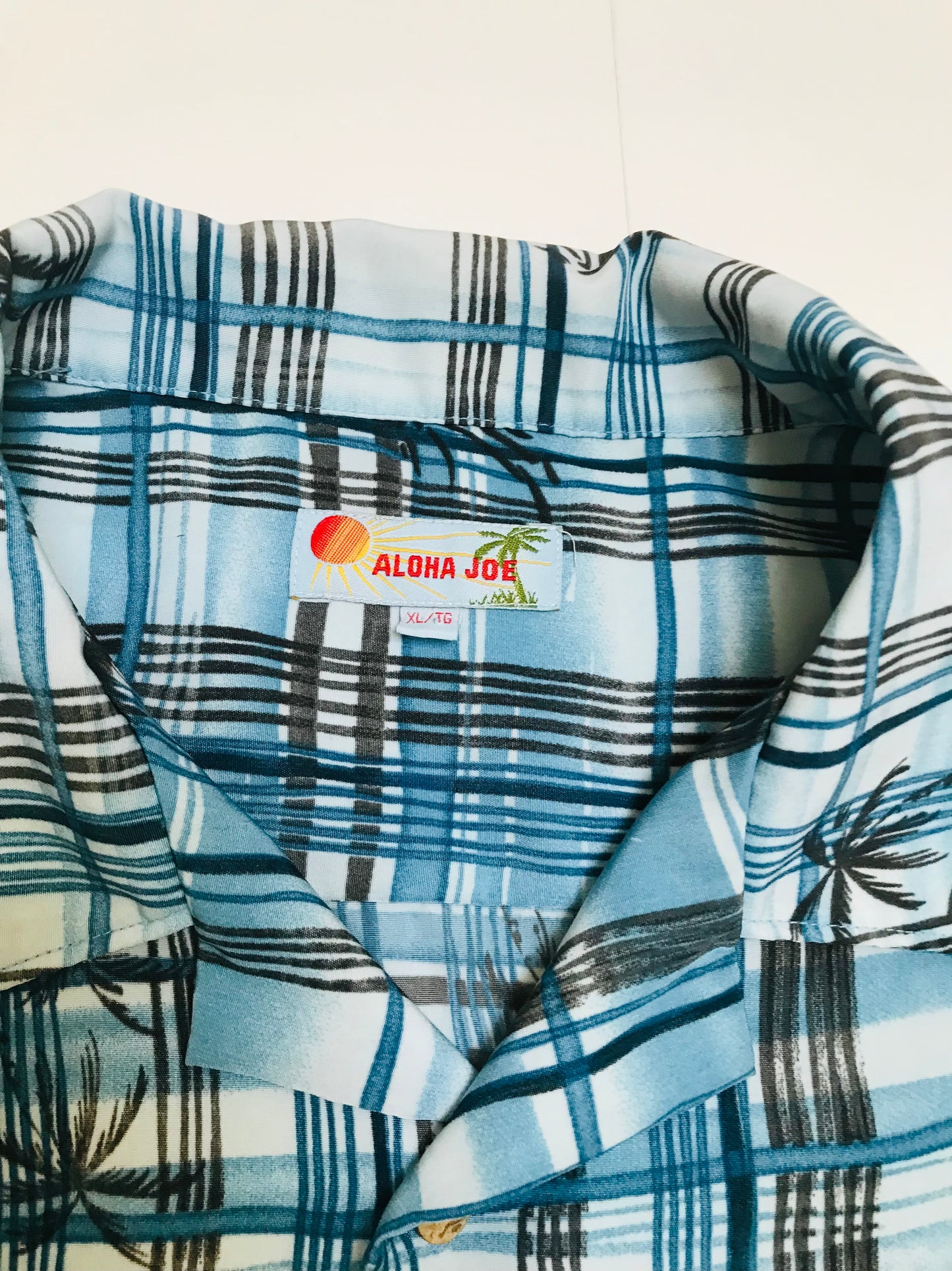 ALOHA JOE - Blue/Black Striped Plaid S/S Tropical Shirt with Palm trees - XL Men's