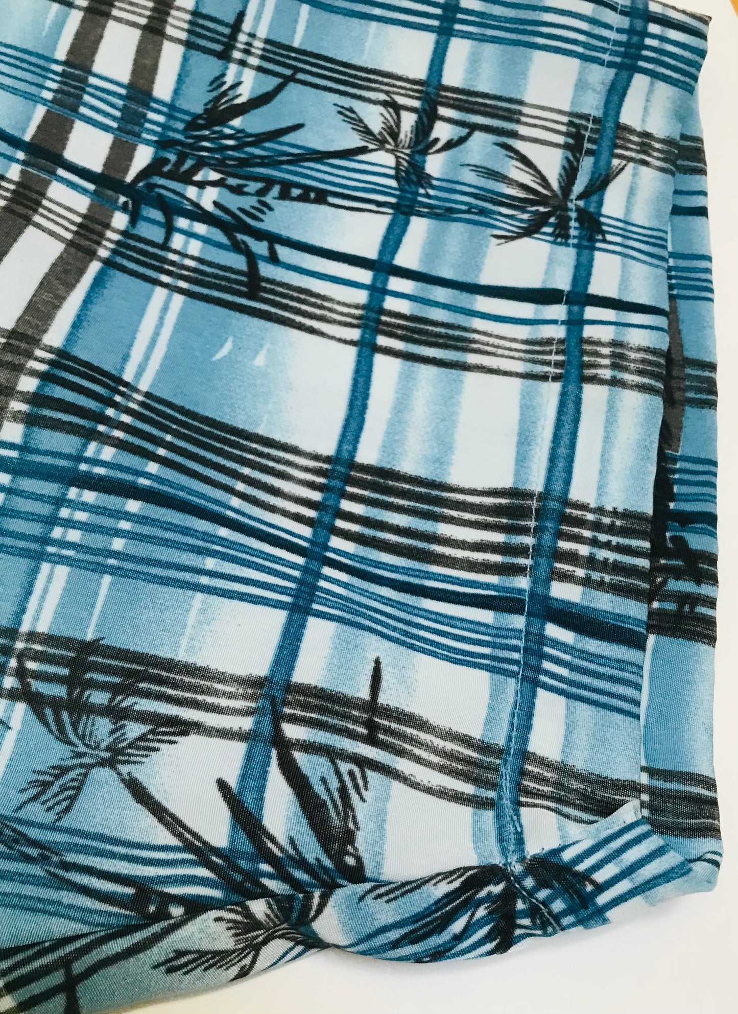 ALOHA JOE - Blue/Black Striped Plaid S/S Tropical Shirt with Palm trees - XL Men's