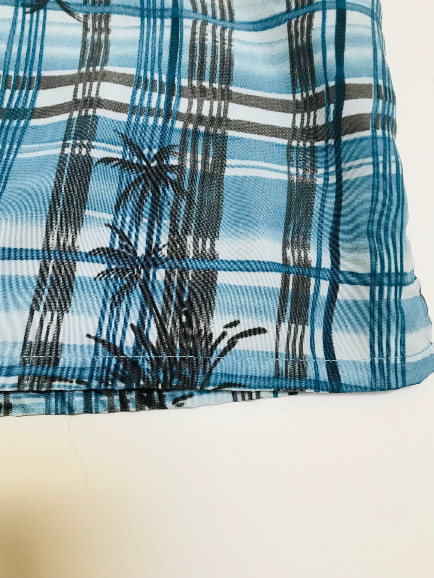 ALOHA JOE - Blue/Black Striped Plaid S/S Tropical Shirt with Palm trees - XL Men's