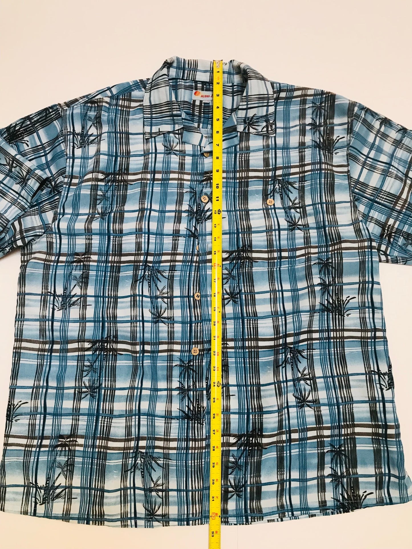 ALOHA JOE - Blue/Black Striped Plaid S/S Tropical Shirt with Palm trees - XL Men's