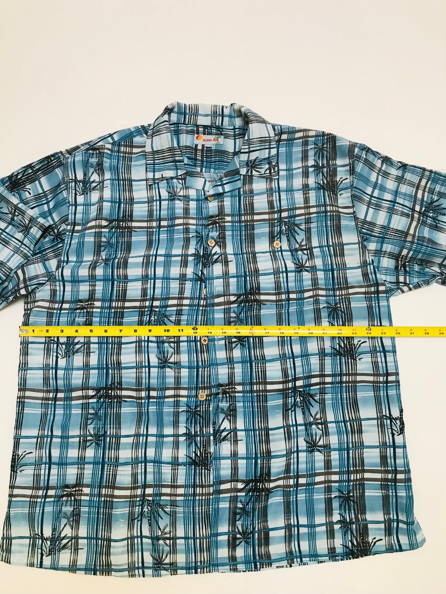 ALOHA JOE - Blue/Black Striped Plaid S/S Tropical Shirt with Palm trees - XL Men's