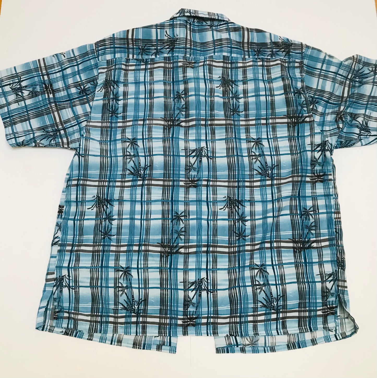 ALOHA JOE - Blue/Black Striped Plaid S/S Tropical Shirt with Palm trees - XL Men's