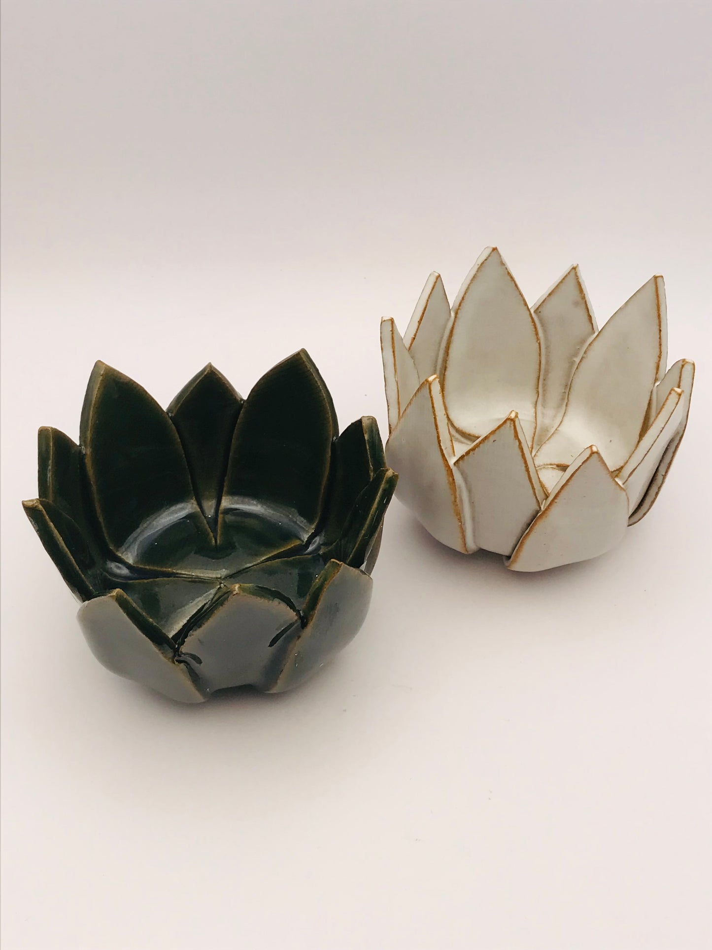 Ceramic Lotus Flower Votive Candle Holder Set - Green and White