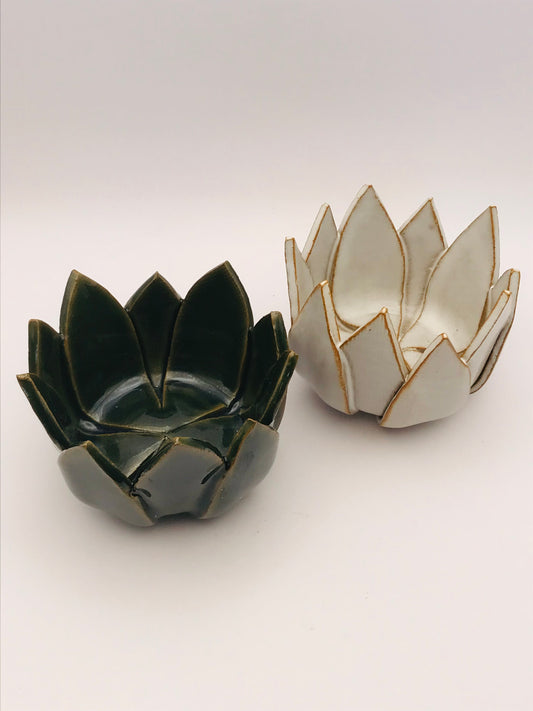 Ceramic Lotus Flower Votive Candle Holder Set - Green and White