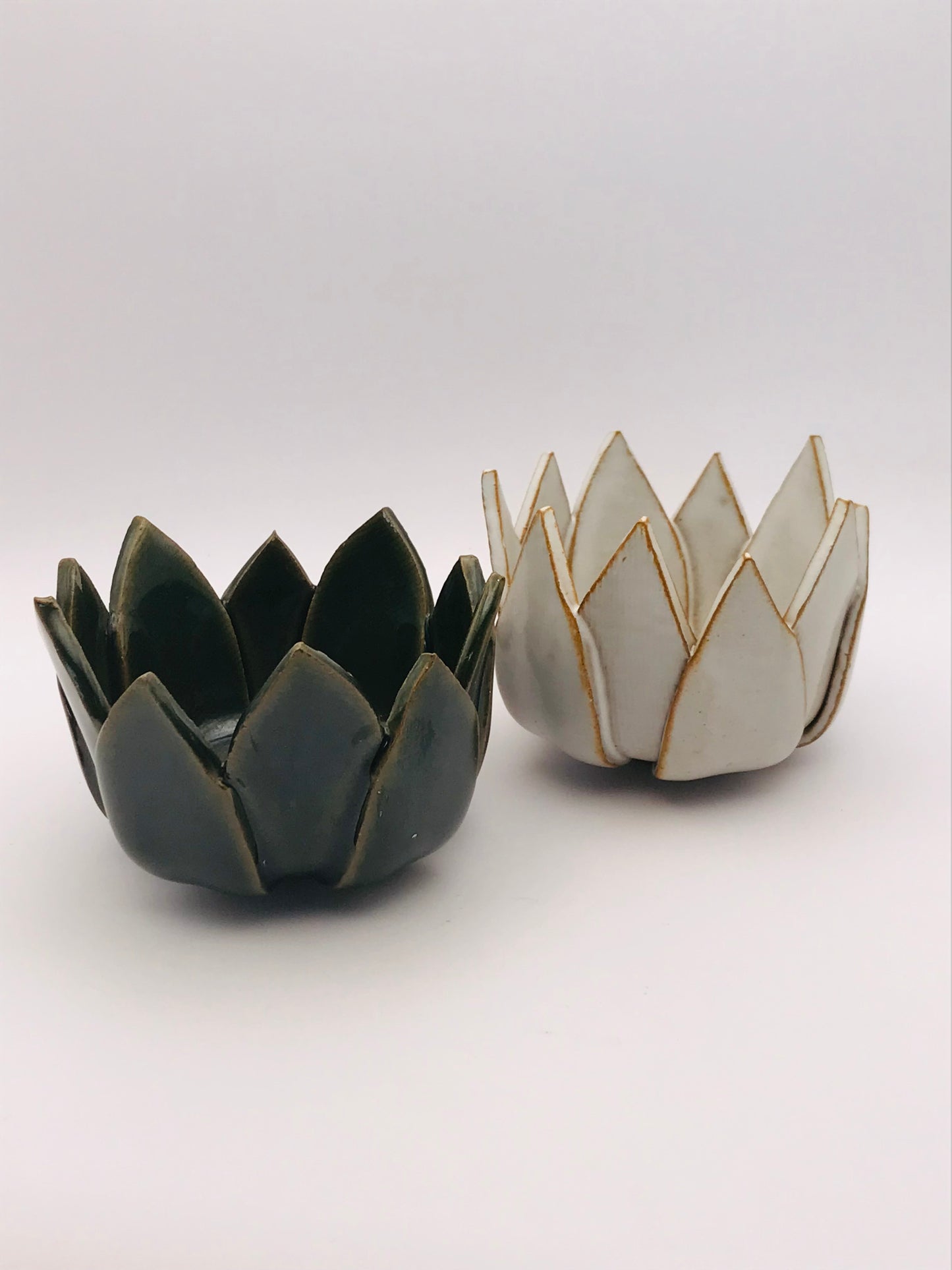 Ceramic Lotus Flower Votive Candle Holder Set - Green and White