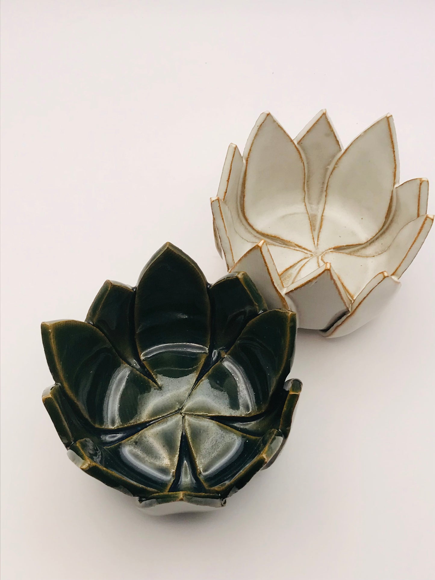 Ceramic Lotus Flower Votive Candle Holder Set - Green and White