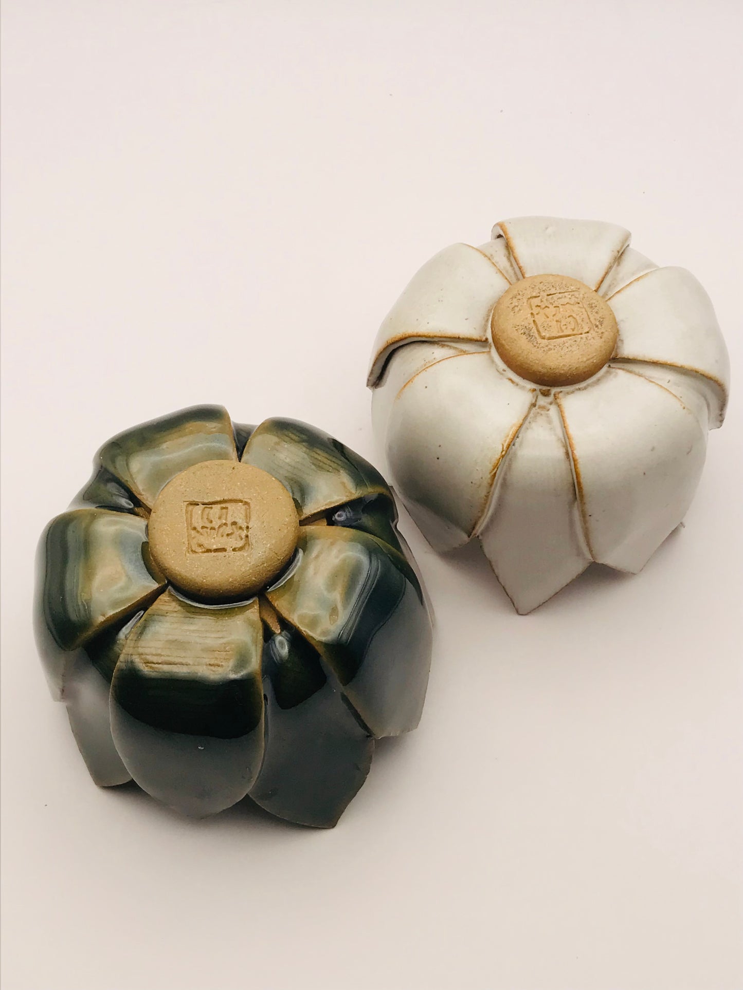 Ceramic Lotus Flower Votive Candle Holder Set - Green and White