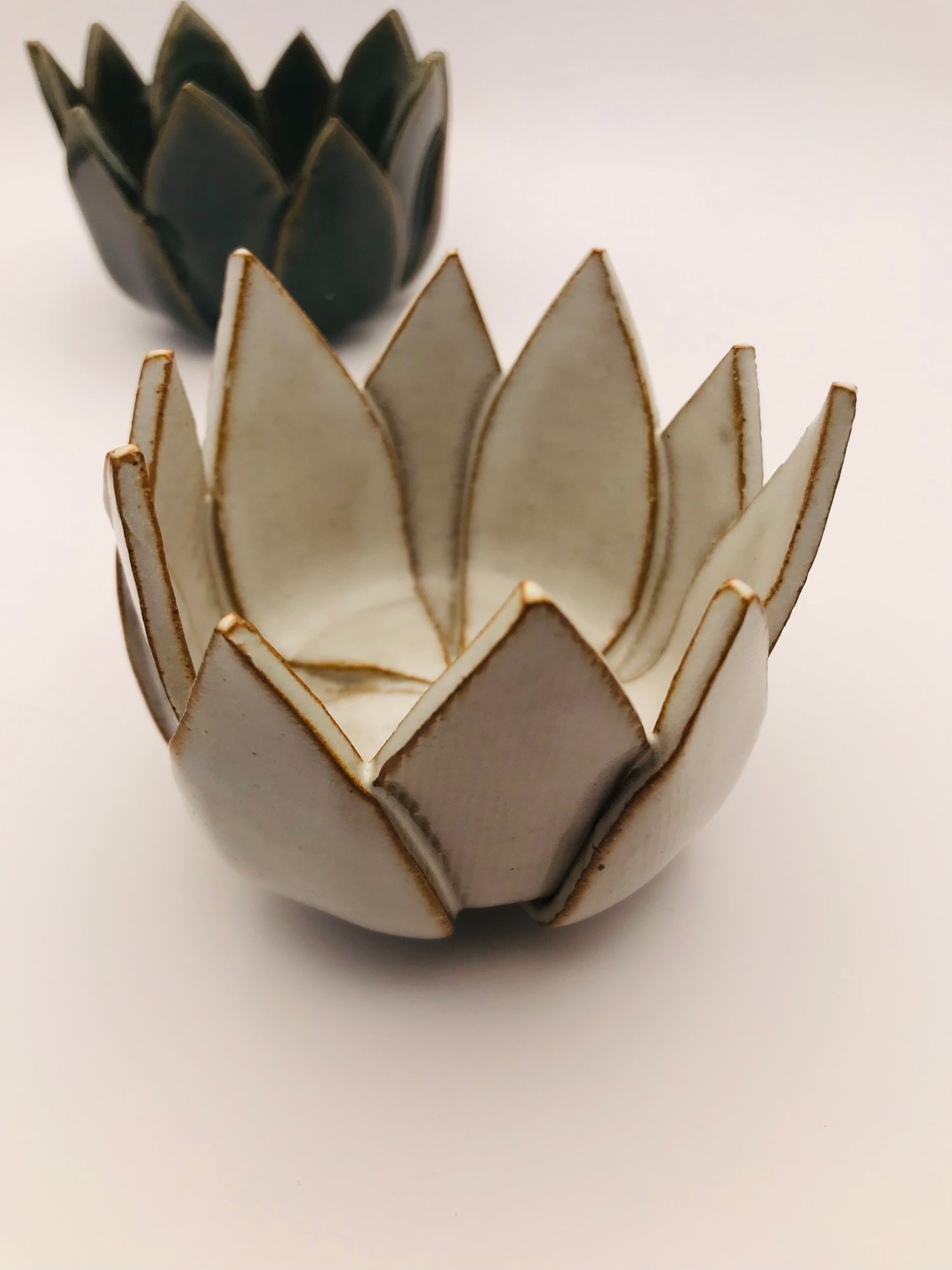 Ceramic Lotus Flower Votive Candle Holder Set - Green and White