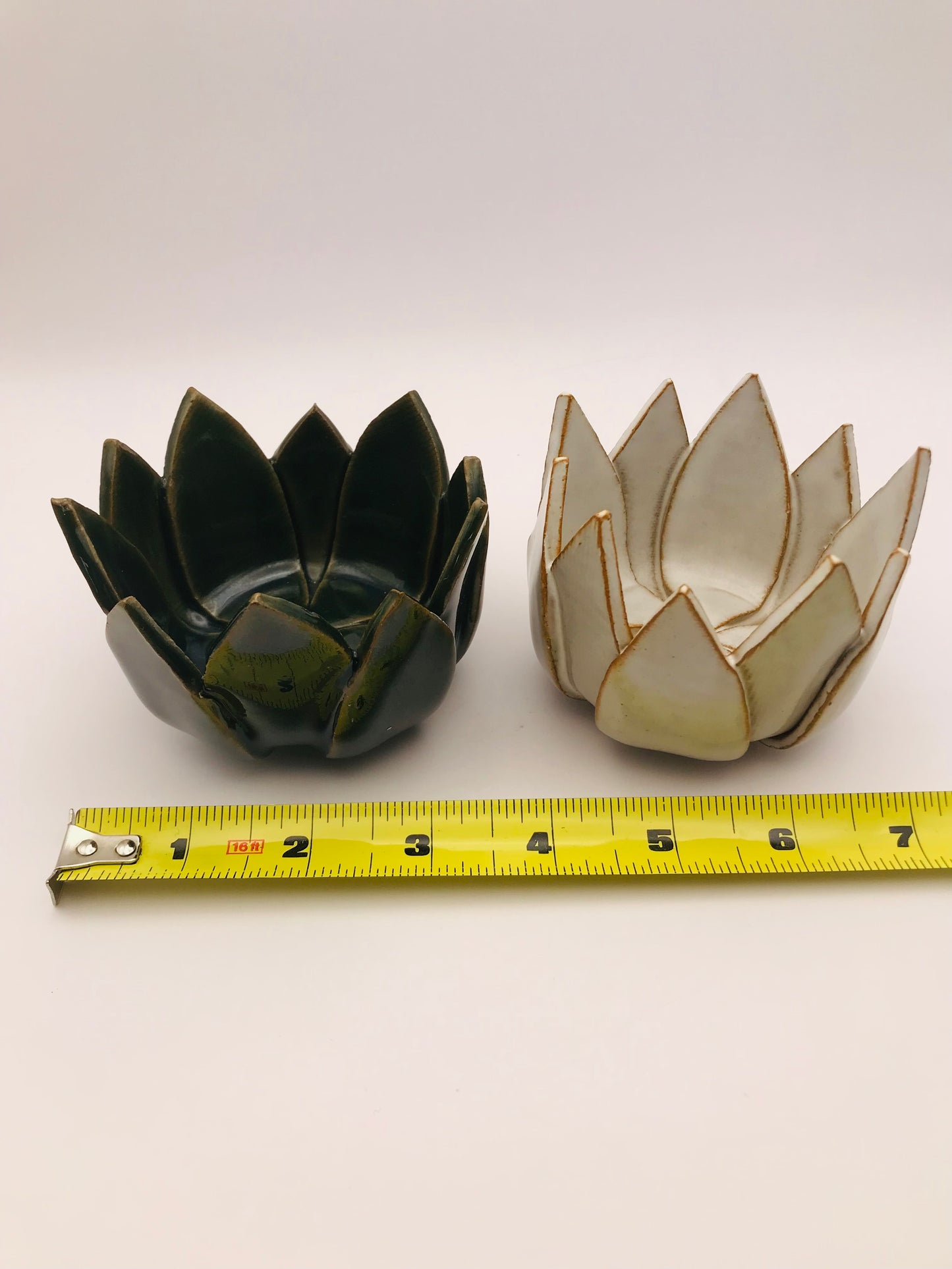 Ceramic Lotus Flower Votive Candle Holder Set - Green and White