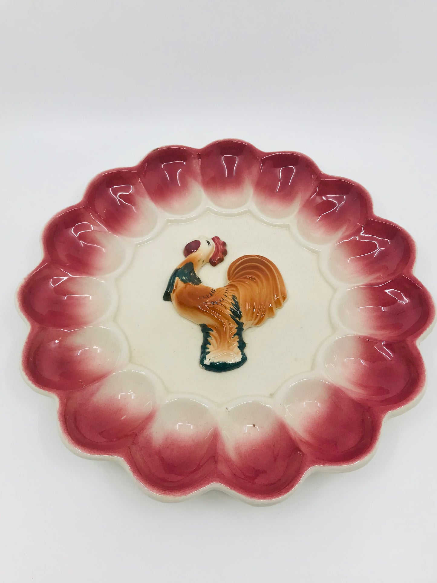 Vintage Red Rooster Magolica Ceramic Deviled Egg Platter