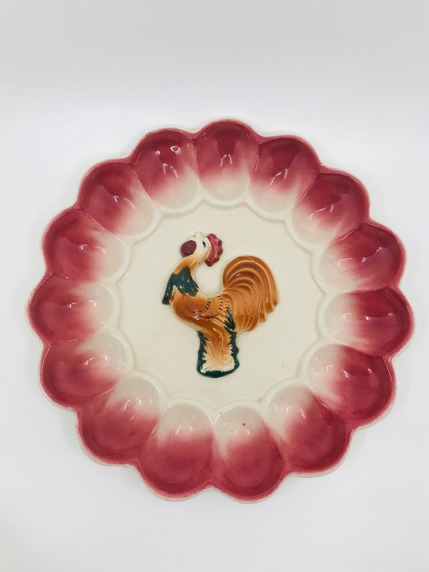 Vintage Red Rooster Magolica Ceramic Deviled Egg Platter
