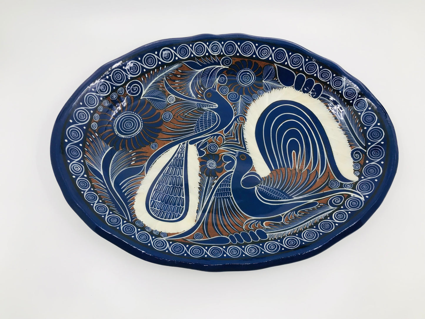 Cobalt Blue and White Mexican Talavera Painted Birds Redware Platter
