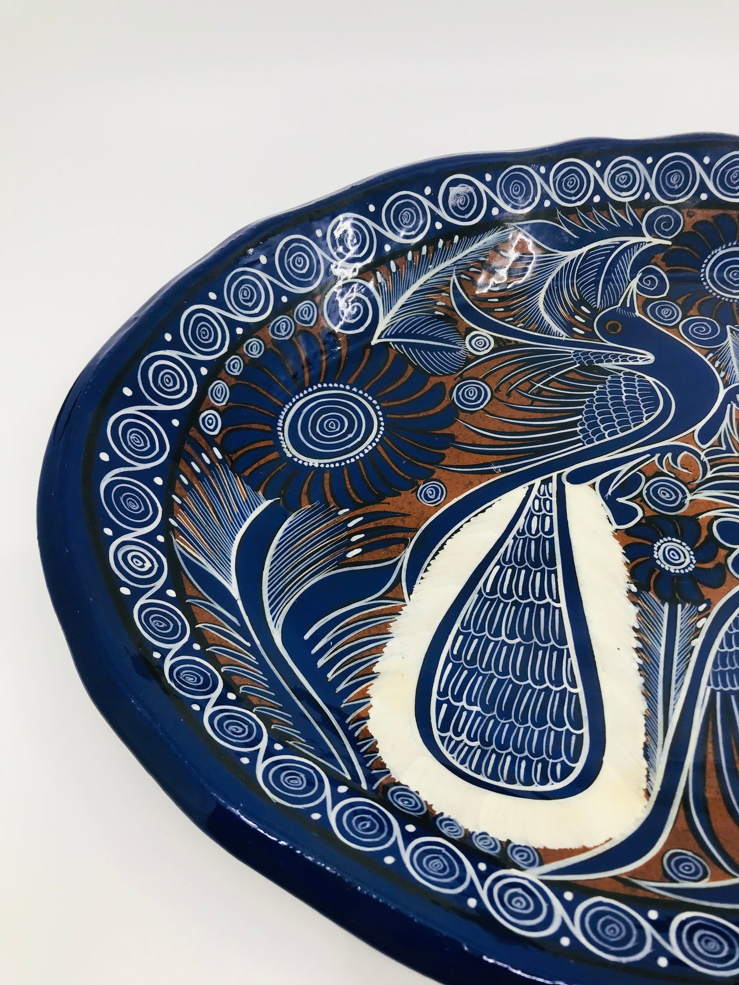 Cobalt Blue and White Mexican Talavera Painted Birds Redware Platter