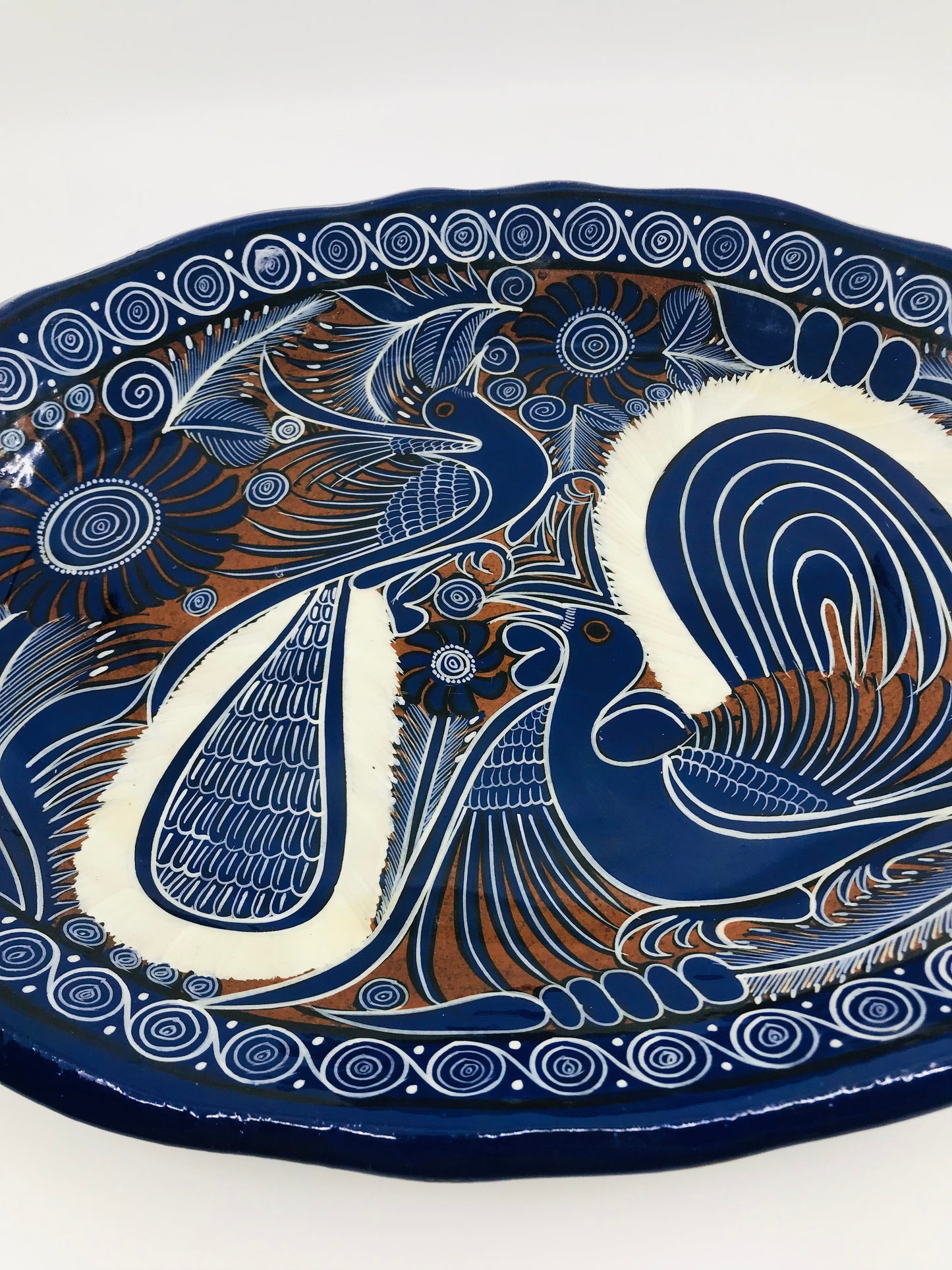 Cobalt Blue and White Mexican Talavera Painted Birds Redware Platter