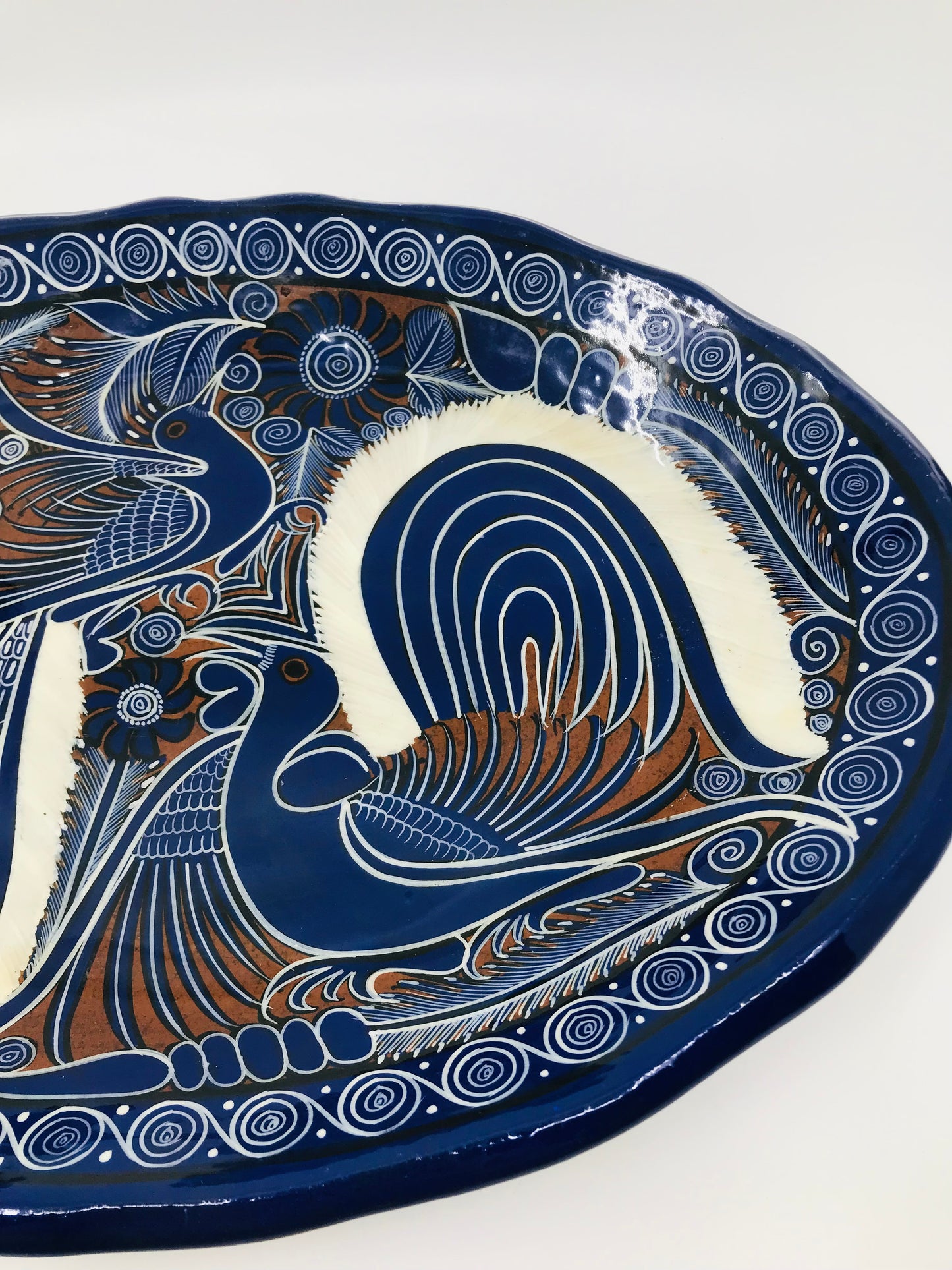 Cobalt Blue and White Mexican Talavera Painted Birds Redware Platter