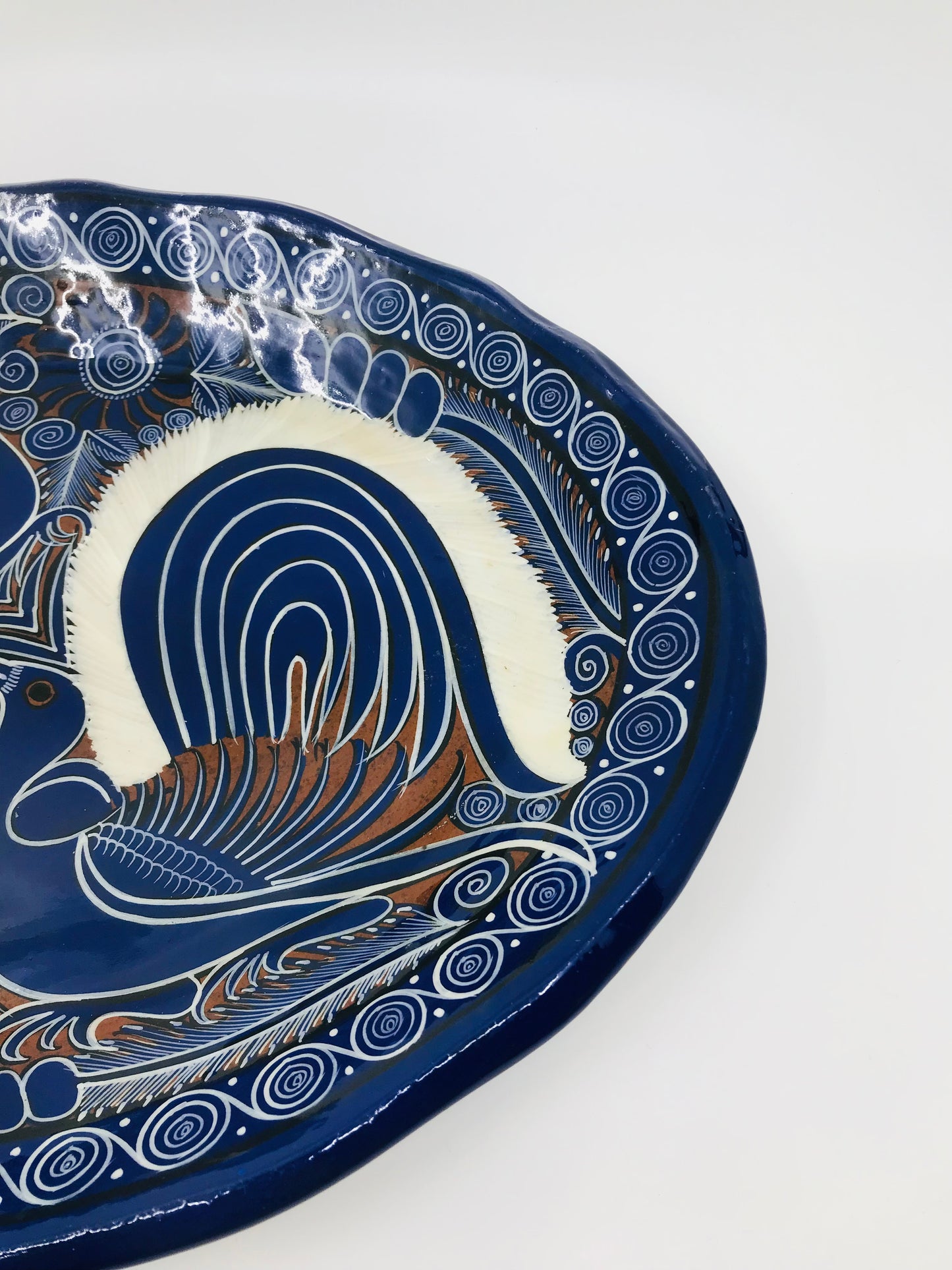 Cobalt Blue and White Mexican Talavera Painted Birds Redware Platter