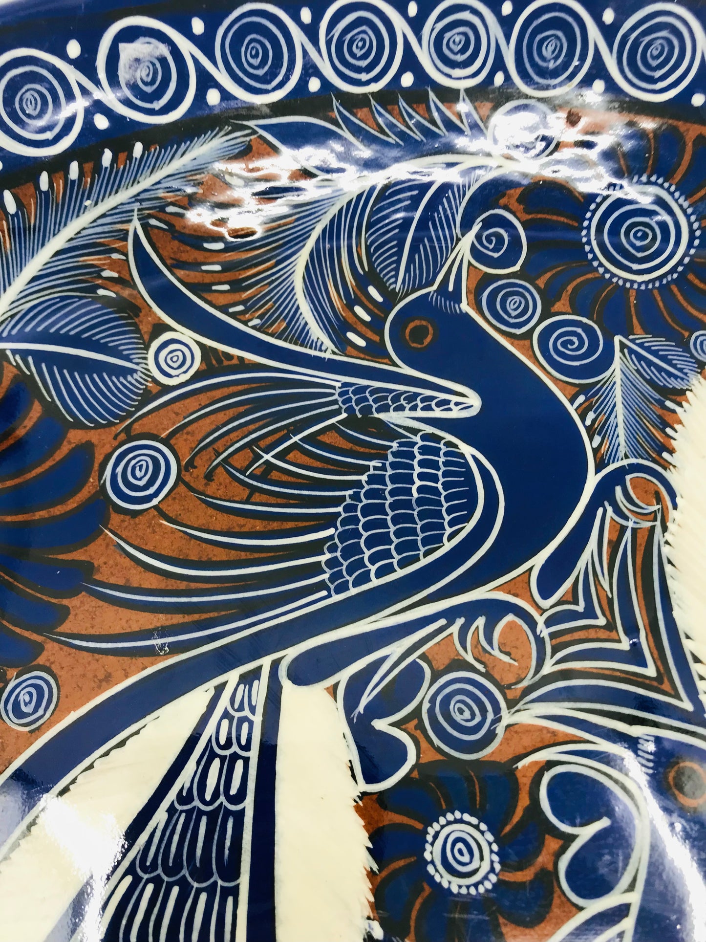 Cobalt Blue and White Mexican Talavera Painted Birds Redware Platter