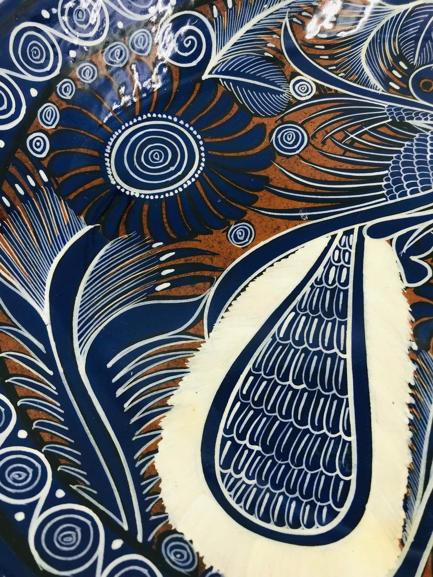 Cobalt Blue and White Mexican Talavera Painted Birds Redware Platter
