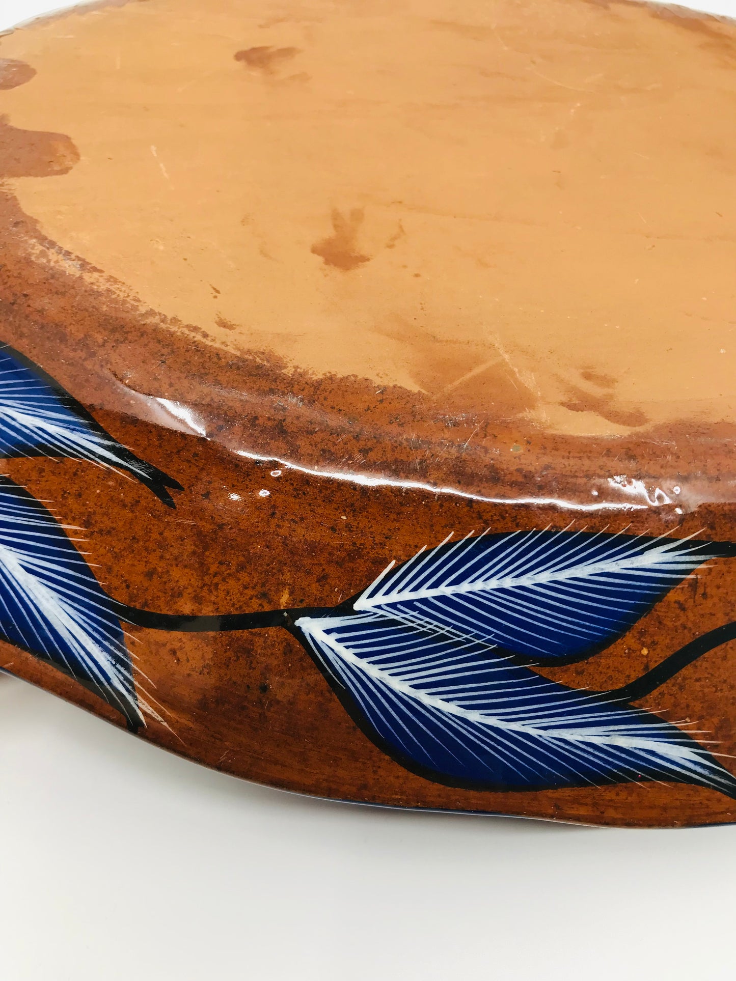 Cobalt Blue and White Mexican Talavera Painted Birds Redware Platter