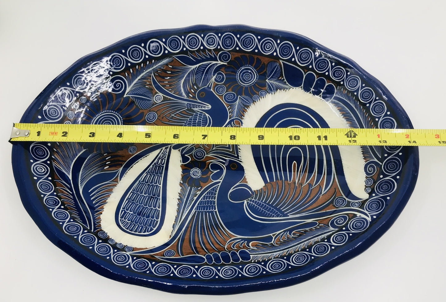 Cobalt Blue and White Mexican Talavera Painted Birds Redware Platter