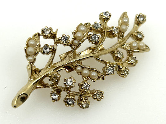 Vintage Goldtone Faux Diamonds and Pearls Tree Branch Brooch