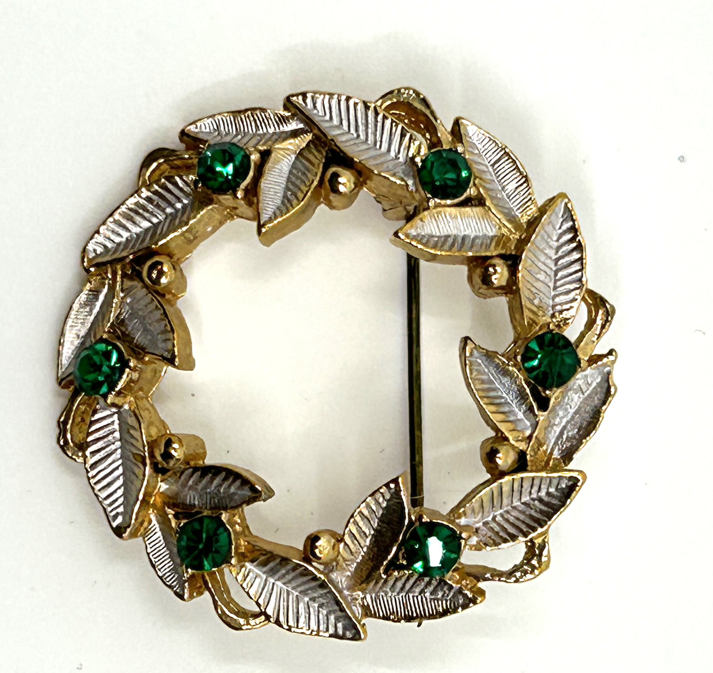 Vintage Gold and Silver Tone Wreath with Faux Emeralds Brooch