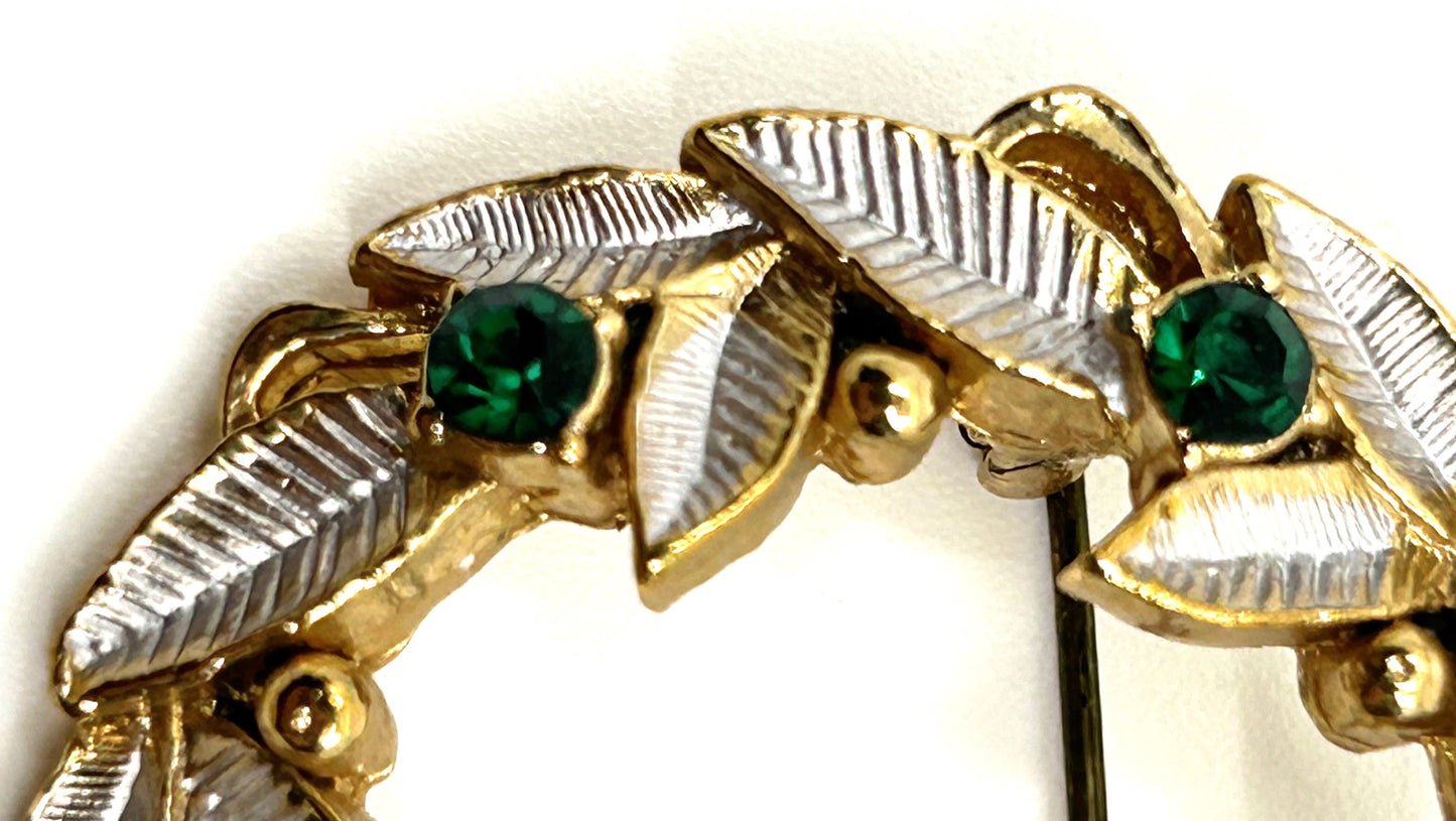 Vintage Gold and Silver Tone Wreath with Faux Emeralds Brooch